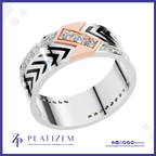 A men's platinum band ring by Platiszem, featuring a silver chevron pattern, a rose gold chevron accent, and a row of three clear cubic zirconia stones. The ring is displayed on a white background with a purple border and the Platiszem brand logo at the bottom.