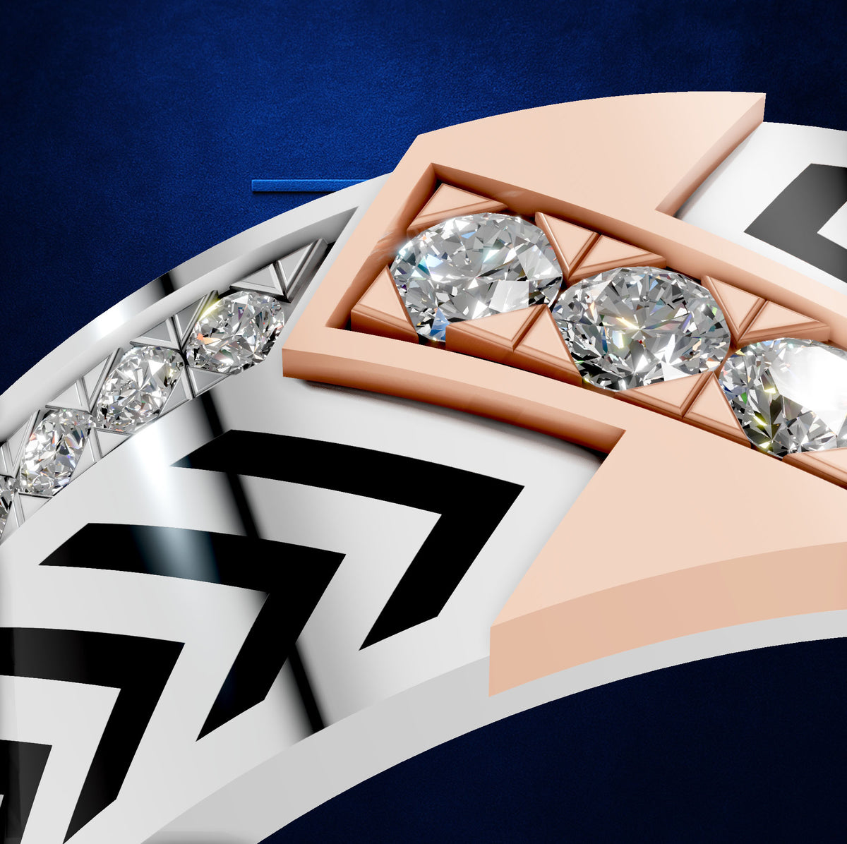 Close-up of a ring featuring a white and black geometric band with a rose gold inlay set with three large clear round diamonds and a row of smaller clear stones on the opposite side, against a dark blue background.