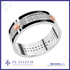 A platinum band ring with a silver-colored center channel paved with clear stones, bordered by thick black inlays and accented with rose gold diamond-shaped side stones. The brand logo 'PLATIZEM' is visible at the bottom.