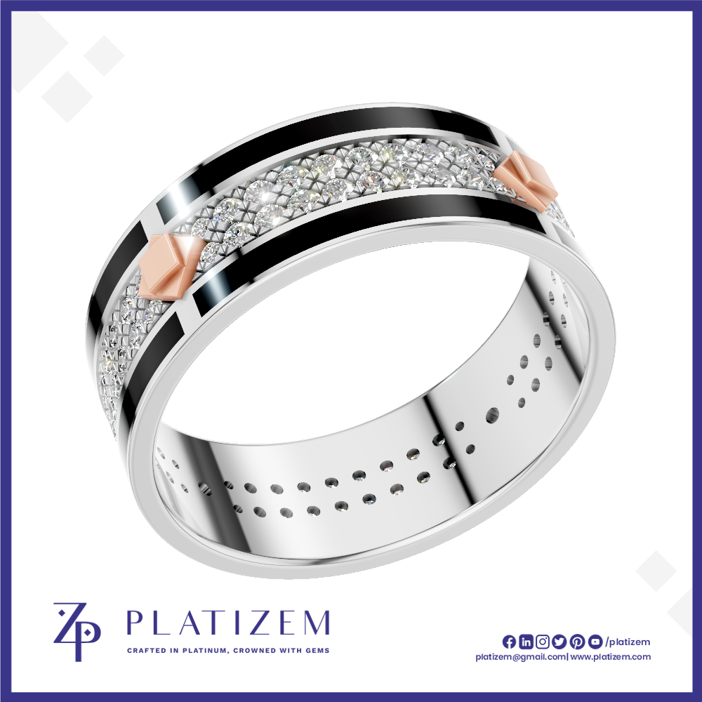 A platinum band ring with a silver-colored center channel paved with clear stones, bordered by thick black inlays and accented with rose gold diamond-shaped side stones. The brand logo 'PLATIZEM' is visible at the bottom.