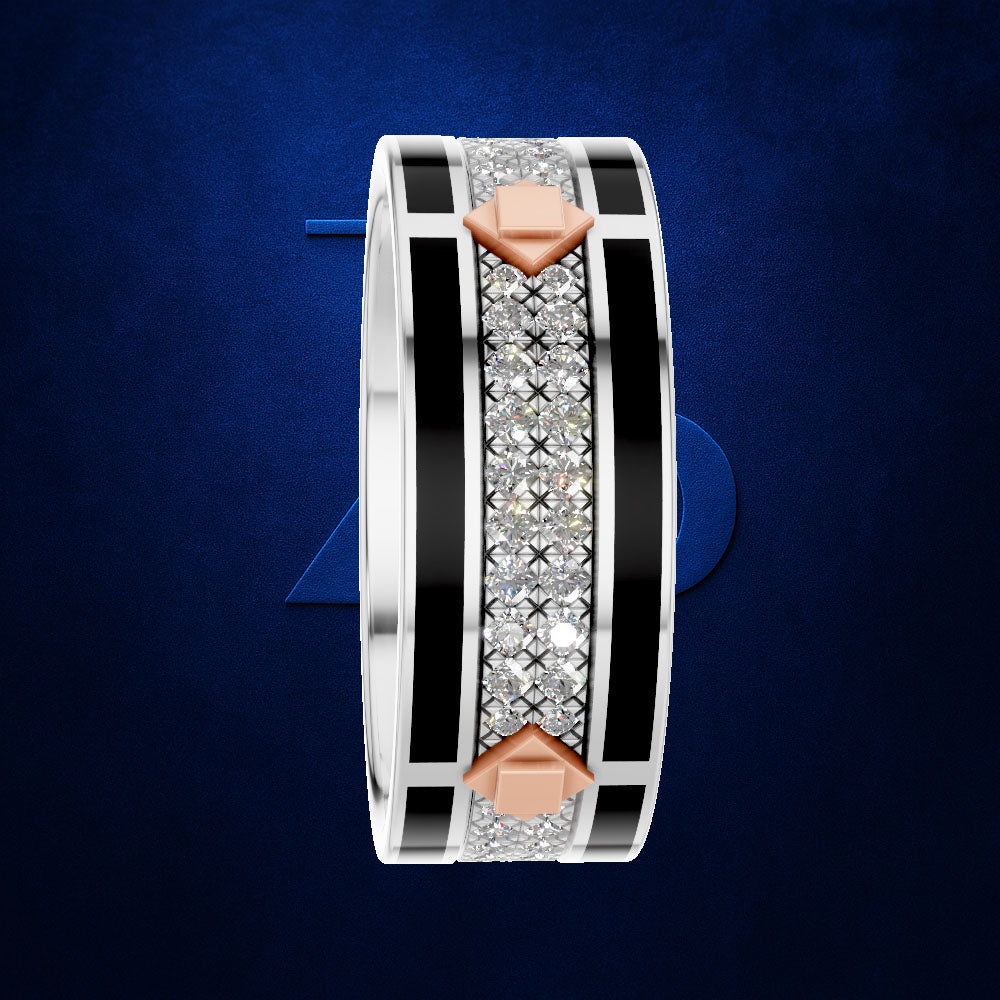 A wide silver-toned ring with black enamel bands, a central row of clear stones, and two rose-gold diamond-shaped accents on either side, shown on a dark blue textured background.
