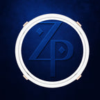 A circular white ring with four rose gold corner accents, featuring a blue textured center with a stylized interlocking 'Z' and 'P' monogram, set against a dark blue textured background.