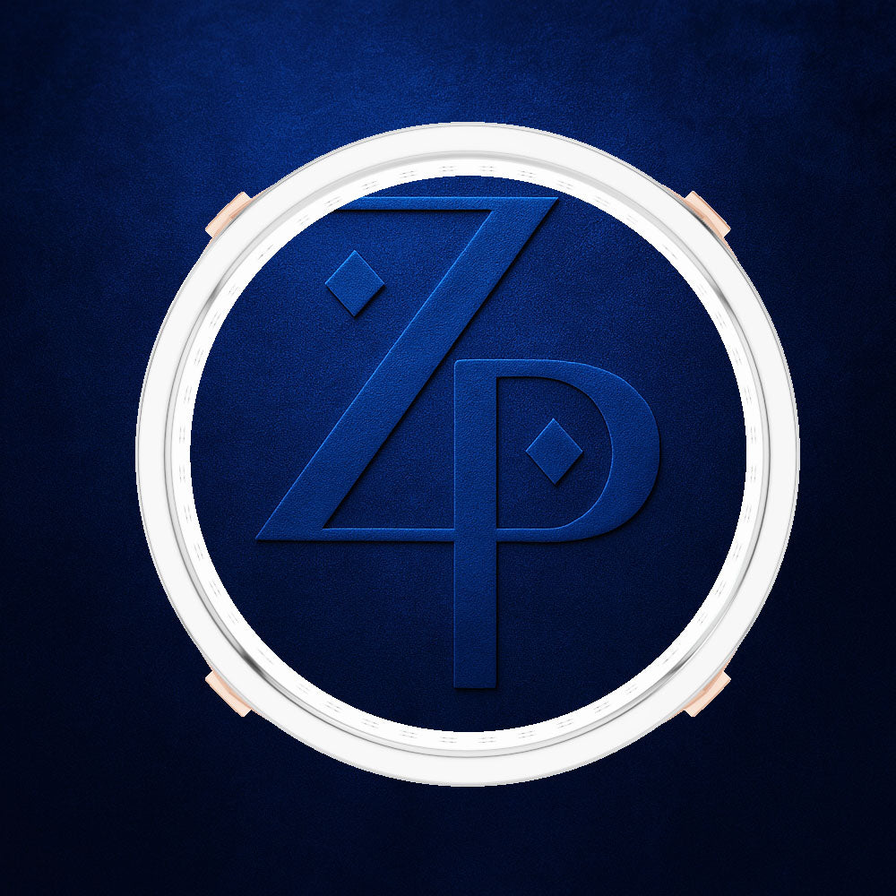 A circular white ring with four rose gold corner accents, featuring a blue textured center with a stylized interlocking 'Z' and 'P' monogram, set against a dark blue textured background.