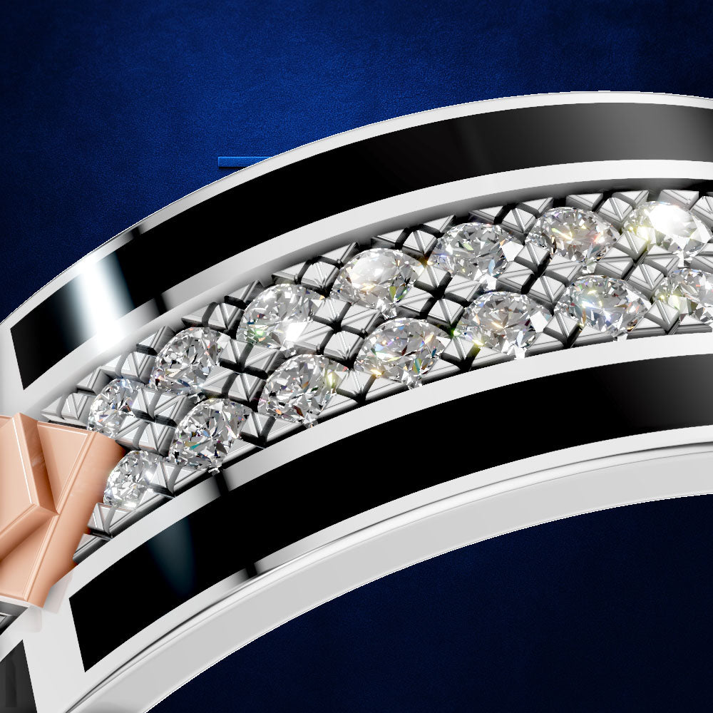 Close-up of a curved ring featuring a row of clear round gemstones between polished silver-toned bands with bold black inlay, set against a deep blue background.