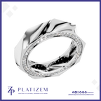A polished silver-toned ring with a sculptural, faceted geometric design and a single row of clear pavé-set stones around the band, shown on a white background with the Platizem brand logo at the bottom.