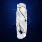 A polished silver cylindrical ring or decorative cylinder with a twisted, fluid wave pattern, shown against a dark textured blue background with a stylized blue 'ZD' logo behind it.