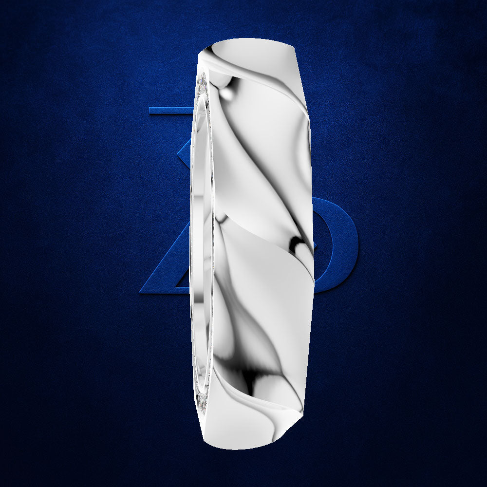 A polished silver cylindrical ring or decorative cylinder with a twisted, fluid wave pattern, shown against a dark textured blue background with a stylized blue 'ZD' logo behind it.