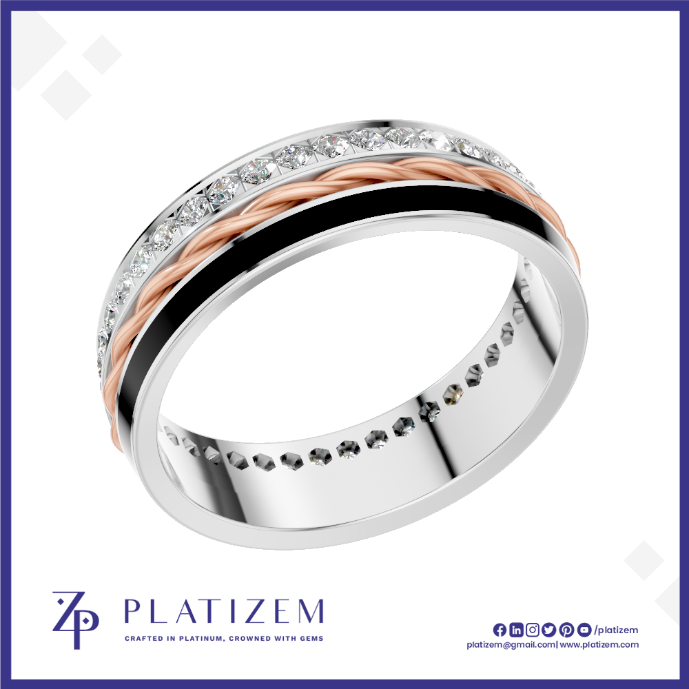 A platinum band ring with a twisted rose gold center, a black inlay stripe, and rows of clear stones along the top and inner band. The ring is displayed on a white background with a blue border, featuring the Platizem brand logo at the bottom.