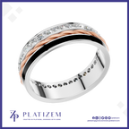 A platinum band ring with a twisted rose gold center, a black inlay stripe, and rows of clear stones along the top and inner band. The ring is displayed on a white background with a blue border, featuring the Platizem brand logo at the bottom.