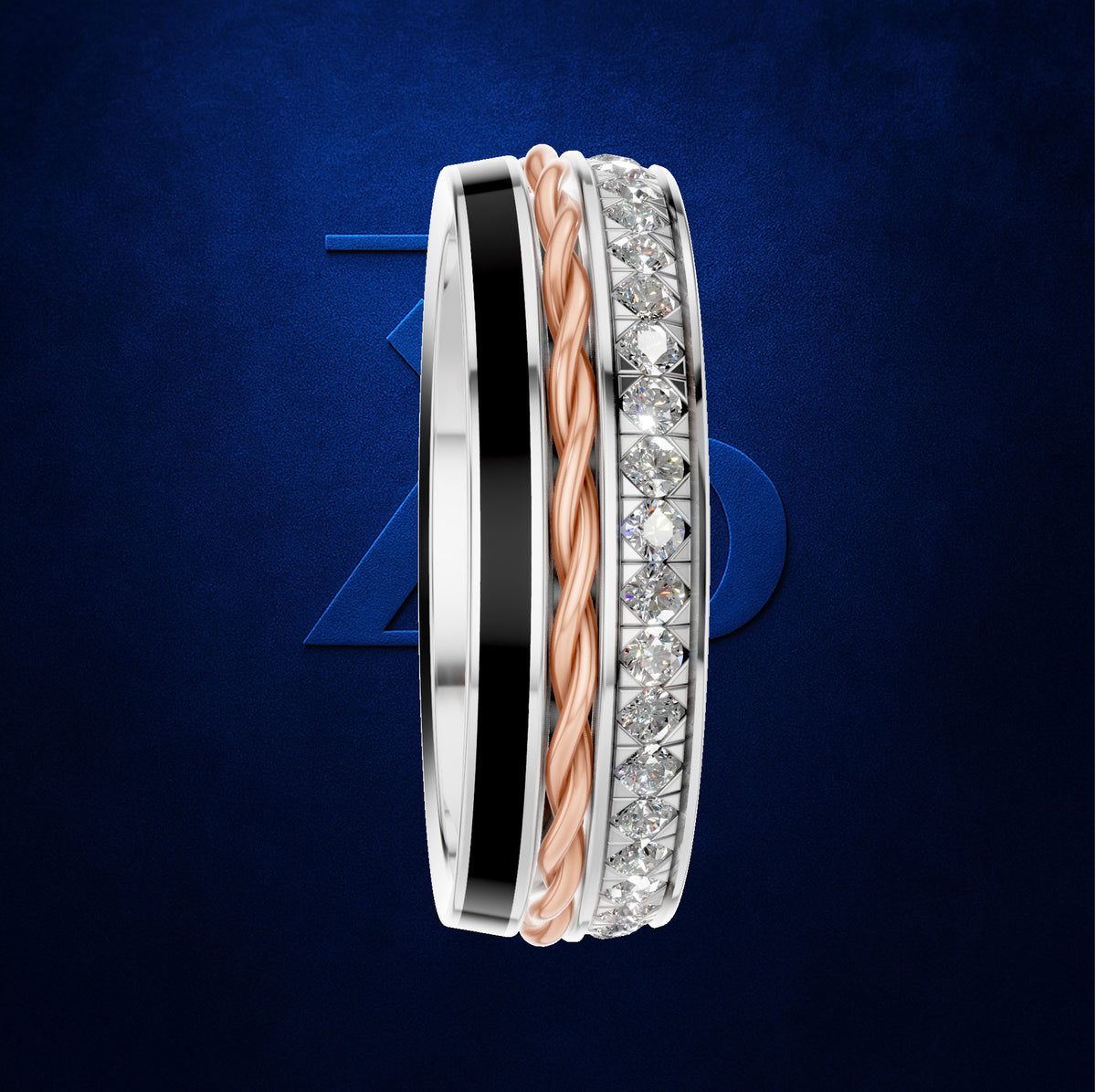 A slim three-band ring set featuring a polished silver band with a black inlay, a twisted rose gold band, and a silver band paved with clear cubic zirconia stones, set against a dark blue textured background.