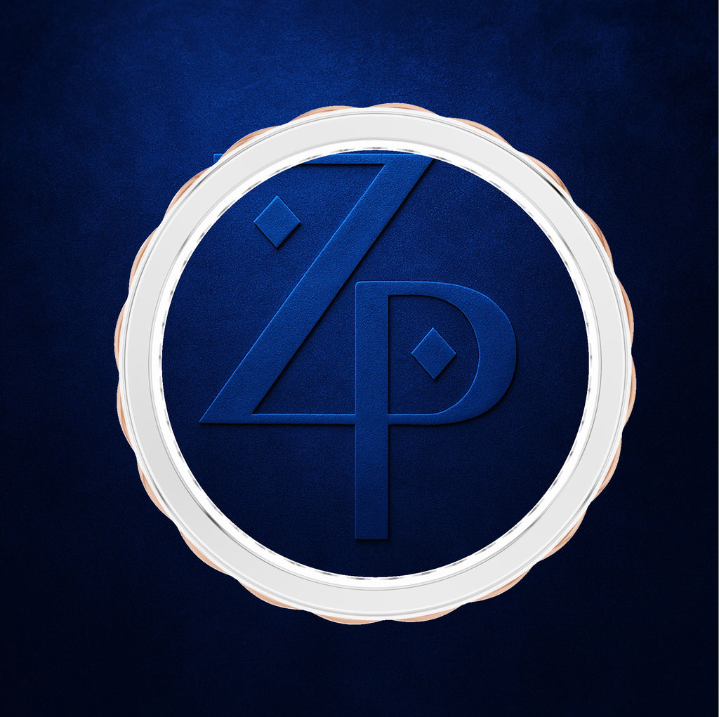 A circular white medallion or coin-like emblem featuring a stylized blue 'ZP' monogram on a textured dark blue background, centered on a matching dark blue backdrop.