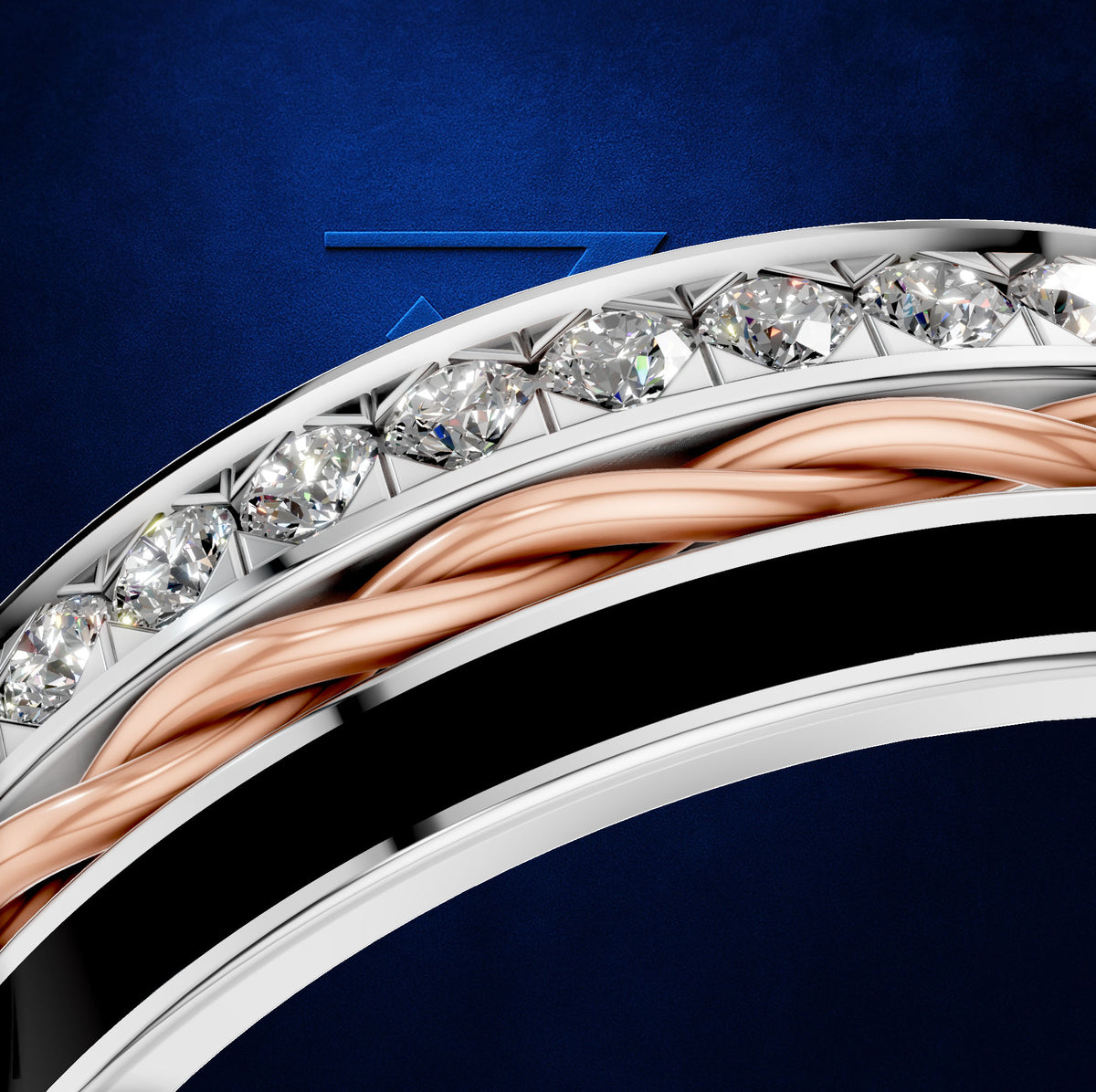 Close-up of a luxury ring featuring a silver band with a row of clear marquise-cut diamonds, a twisted rose gold center band, and a bold black inlay, set against a textured dark blue background.