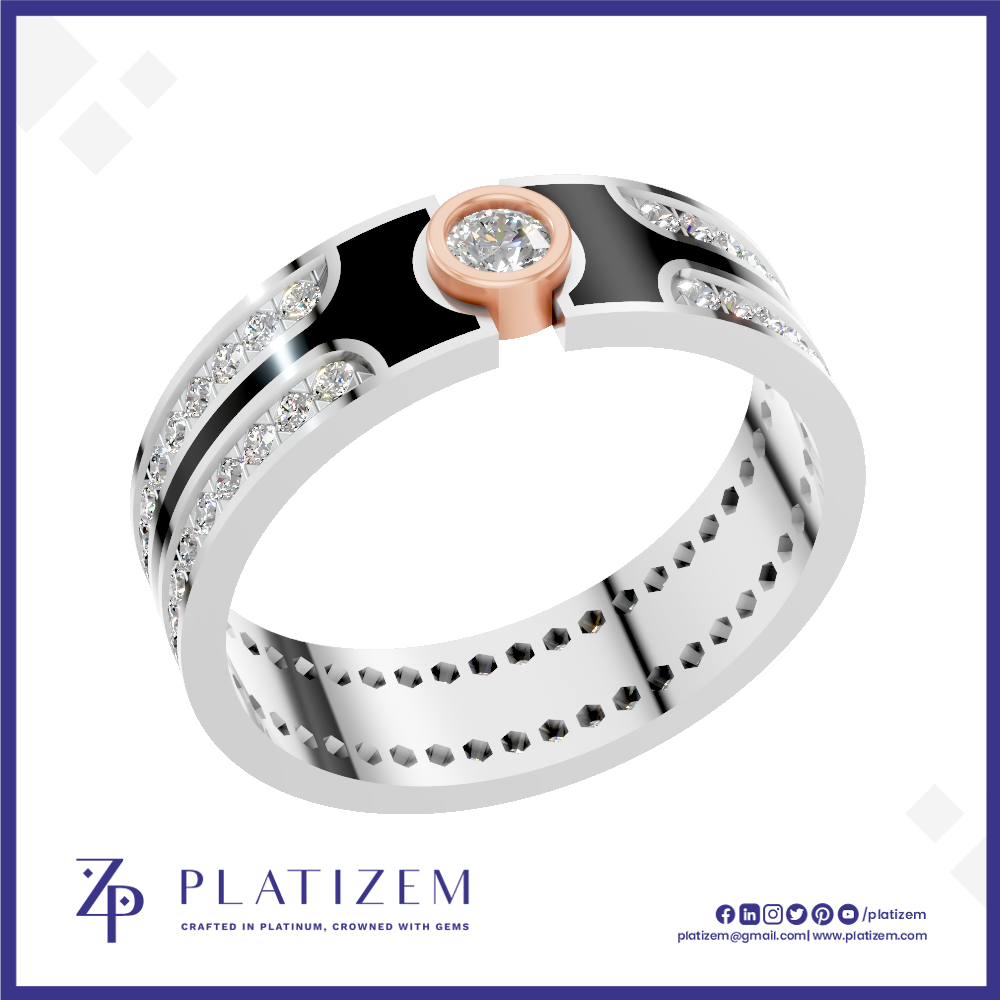 A silver-toned double-band ring with a rose gold accent and a central clear gemstone, shown on a white background with the brand name PLATIZEM at the bottom.