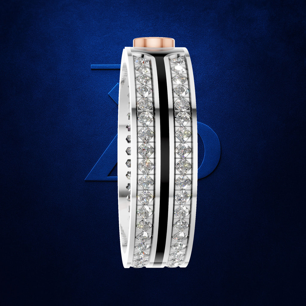 A wide silver-toned ring featuring two parallel rows of clear pavé stones, a central black inlay stripe, and a rose gold top band, set against a dark blue textured background with a subtle blue 'ZD' logo.