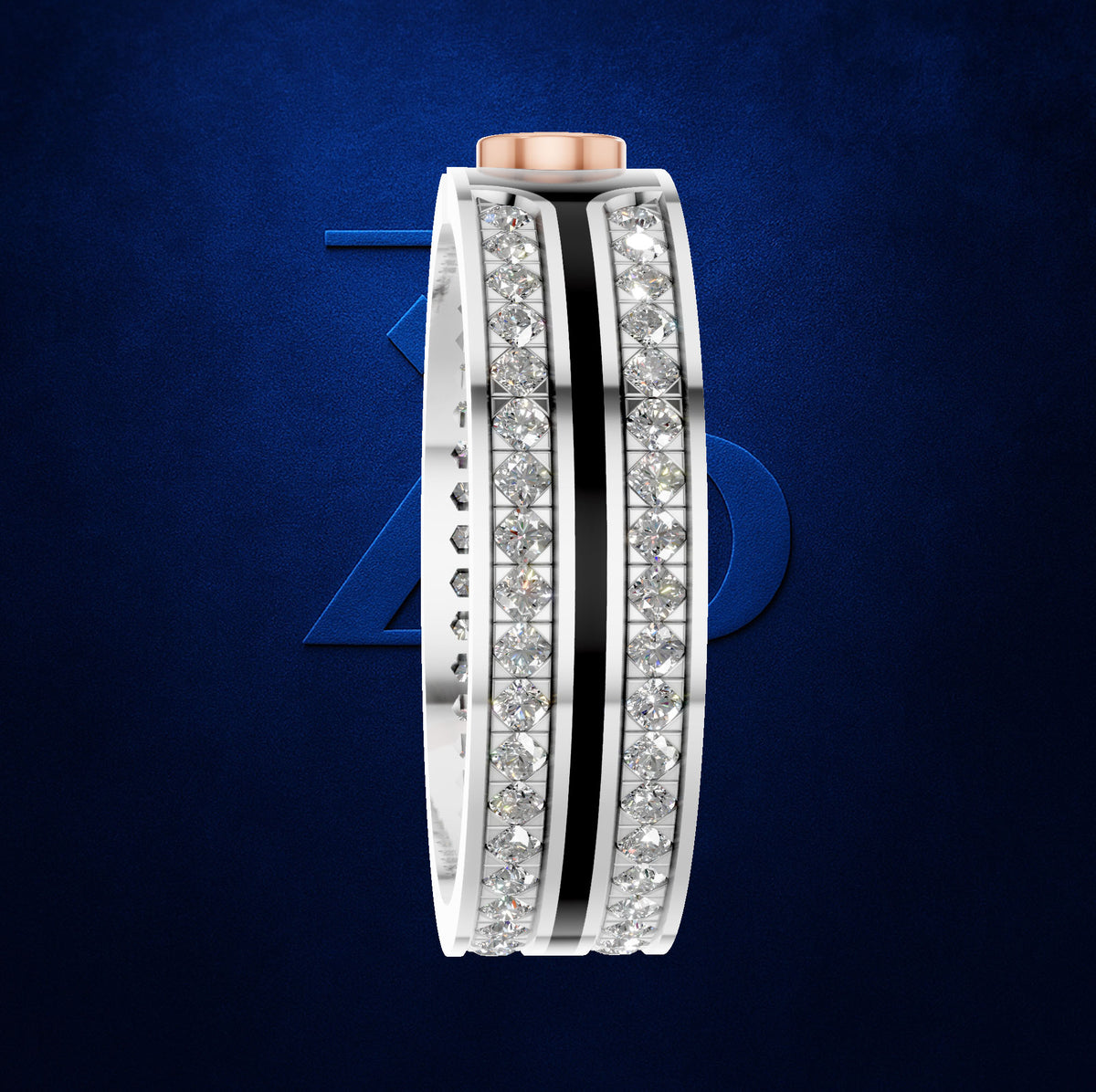 A wide silver-toned ring featuring two parallel rows of clear pavé stones, a central black inlay stripe, and a rose gold top band, set against a dark blue textured background with a subtle blue 'ZD' logo.