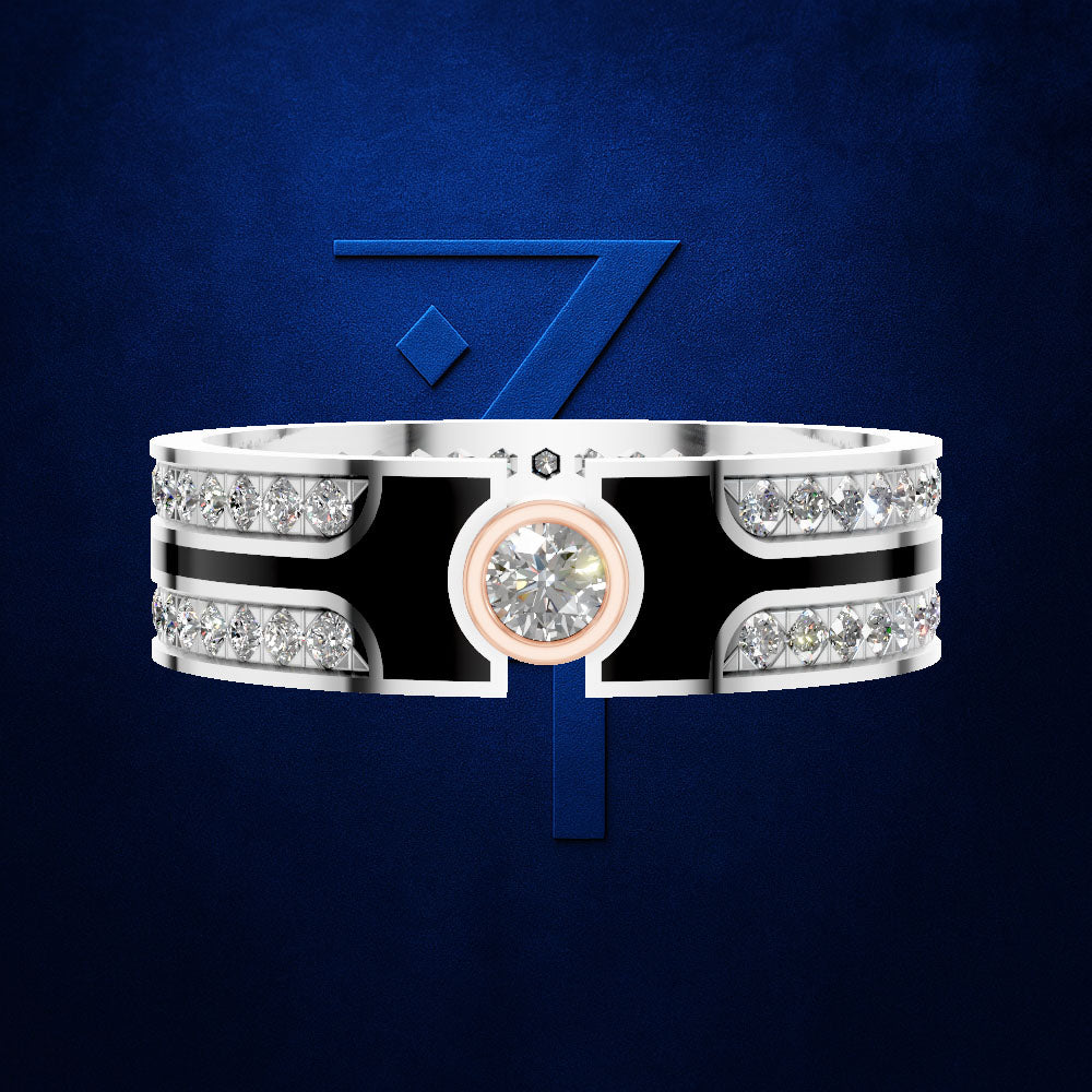 A wide silver-toned ring with multiple rows of clear stones, black inlay sections, and a central rose-gold-toned oval setting holding a round clear gemstone, shown on a dark blue textured background with a large blue number 7 behind it.