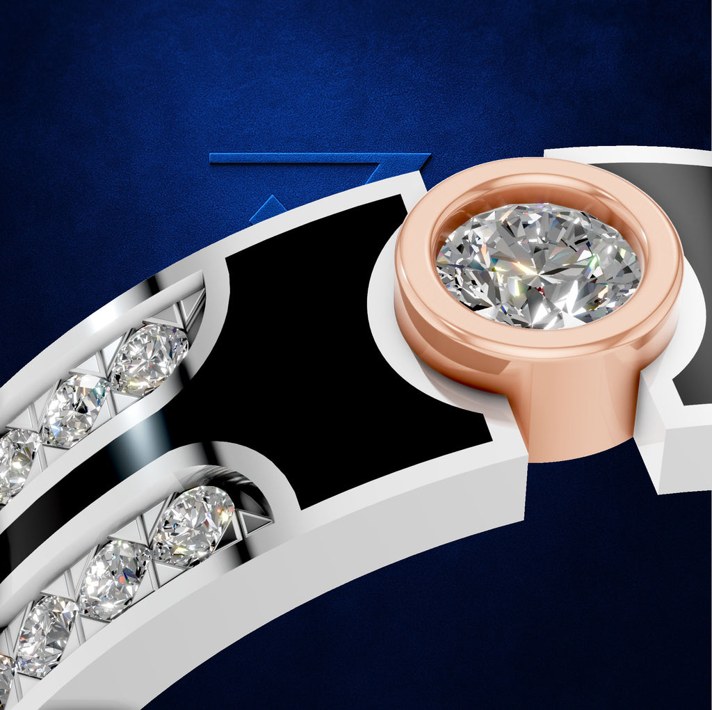 Close-up of a ring with a rose gold bezel holding a clear round gemstone, set on a white band with diamond accents against a dark blue background.