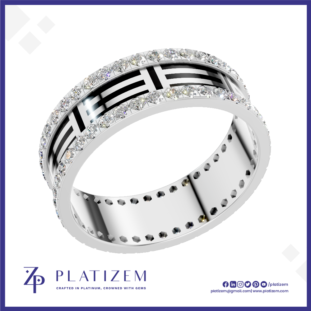 A silver-toned band ring with black trigram symbols and clear stones, shown on a white background with the Platizem brand logo at the bottom.