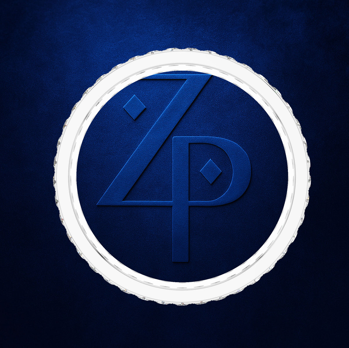 A circular white-bordered emblem featuring a stylized blue 'ZP' monogram on a textured dark blue background.
