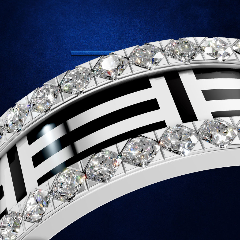 A close-up of a silver-toned ring set with multiple clear round and marquise-cut gemstones, featuring a bold black-and-white geometric pattern on the band, against a deep blue background.