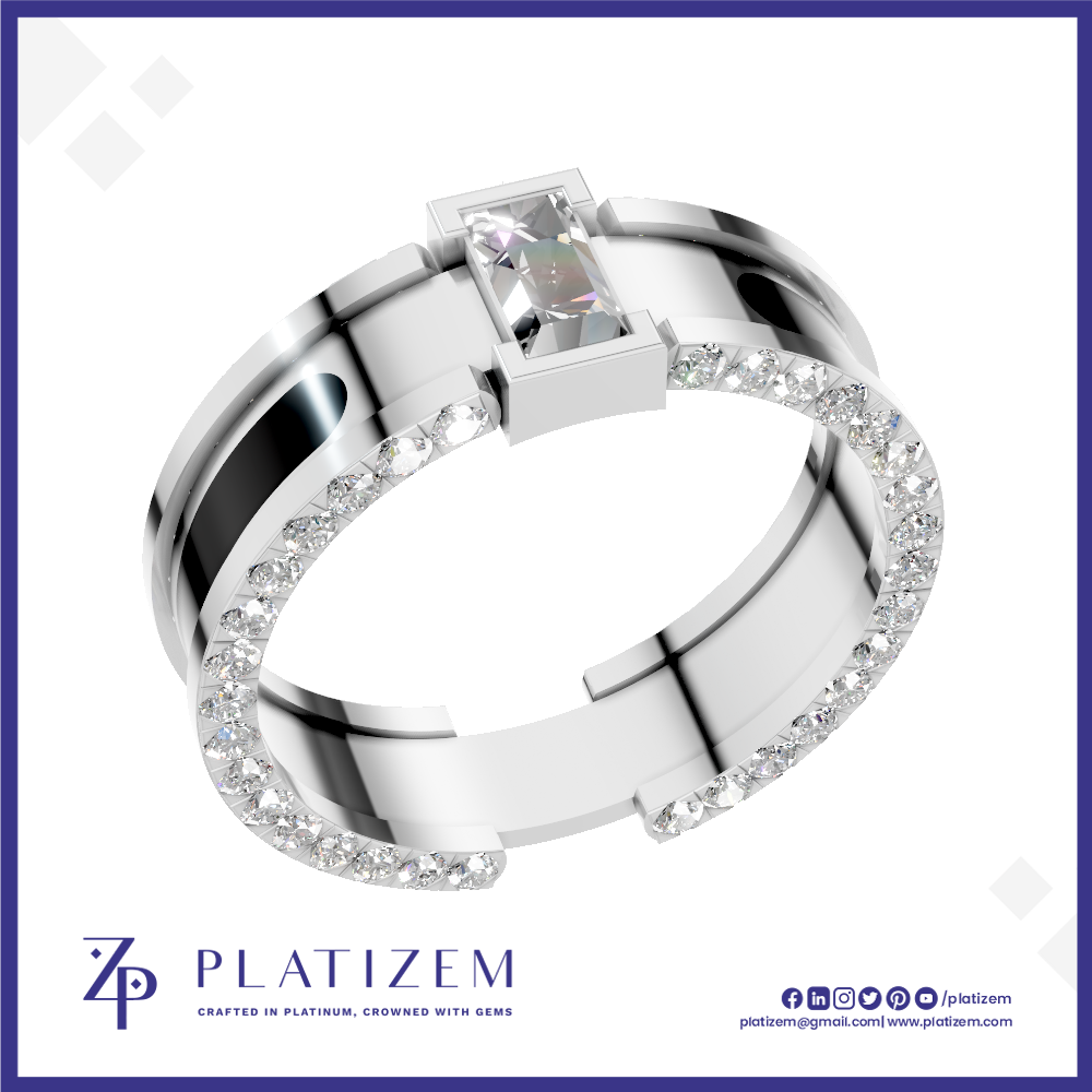 A silver-toned modern ring with a rectangular clear gemstone and a band accented by small clear stones, shown on a white background with the Platizem brand logo at the bottom.