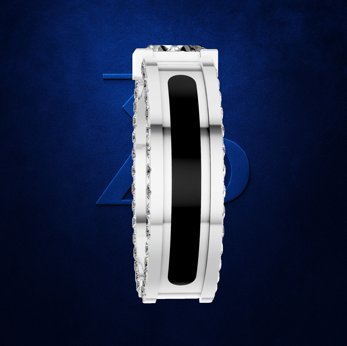 A white gold or platinum ring with a central black inlay and clear gemstone accents on the shoulders, shown against a textured dark blue background.