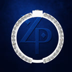 A circular ring pendant featuring a white outer band set with clear rhinestones and a deep blue center with a stylized interlocking '4P' monogram, shown on a textured dark blue background.