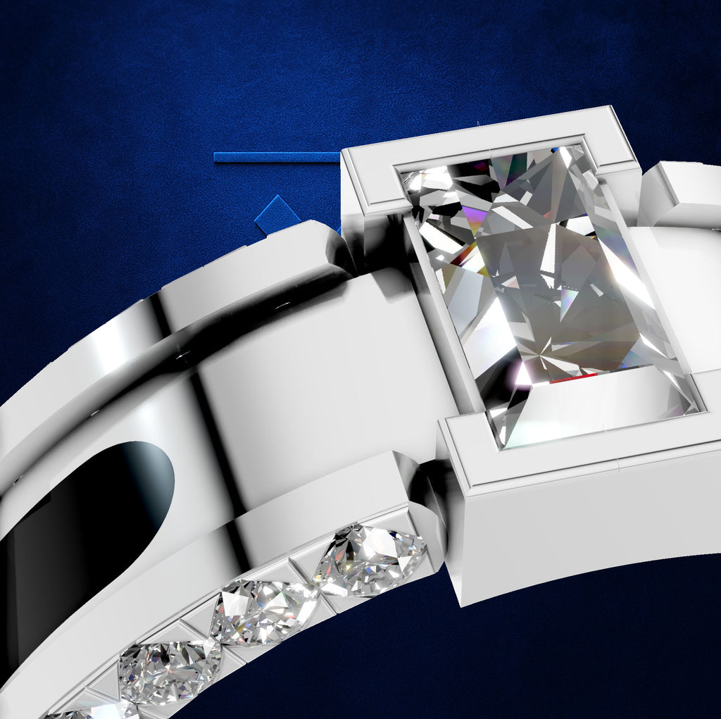 A close-up studio render of a silver-toned ring with a large rectangular clear gemstone and smaller clear stones along the band, set against a deep blue background.