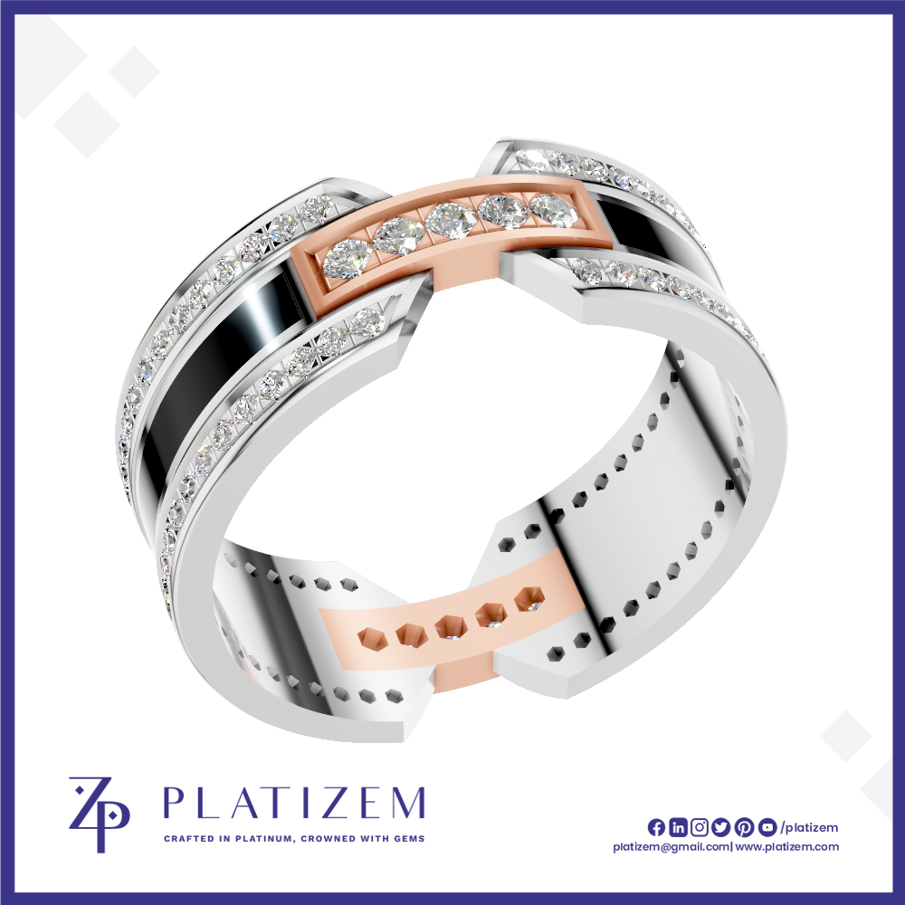 A modern two-tone diamond ring by Platiszem, featuring a silver and rose gold band with clear cubic zirconia accents, displayed on a white background with the brand logo at the bottom.