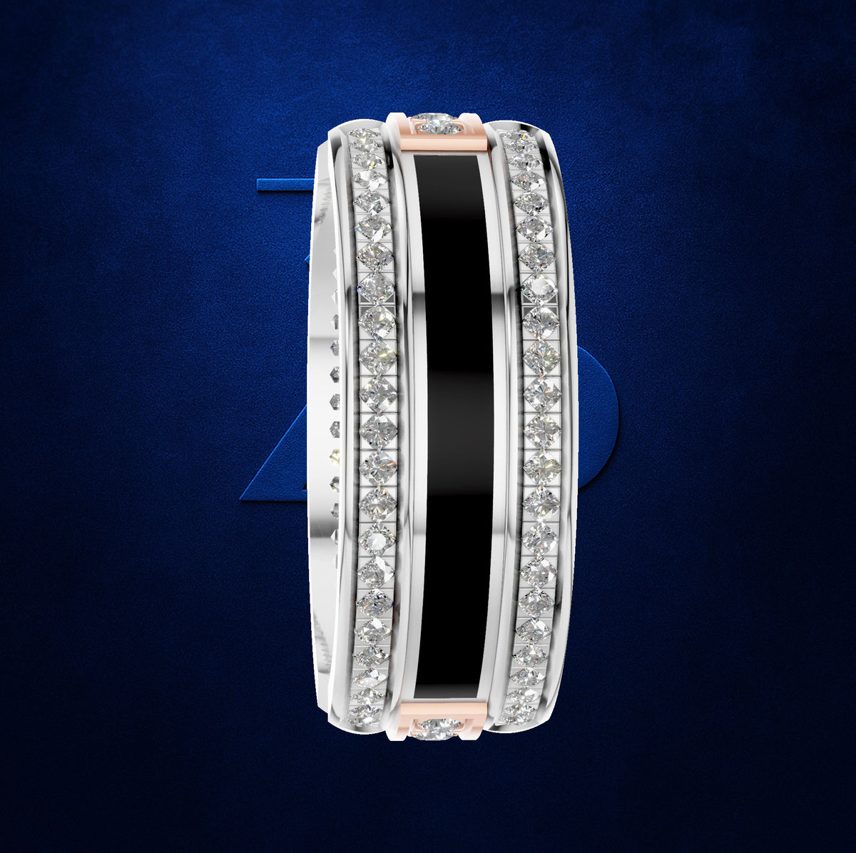 A wide silver-toned band ring featuring a central black inlay, bordered by rows of clear pavé-set stones on both sides, with small rose gold end accents, displayed on a dark blue textured background.