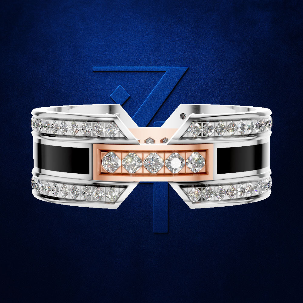 A men's geometric ring featuring a silver-toned band with black inlays, rows of clear pavé diamonds, and a rose gold center section with five round-cut diamonds, set against a dark blue textured background with a stylized blue 'Z' logo.