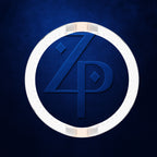 A circular emblem featuring a stylized blue 'ZP' monogram on a textured dark blue background, surrounded by a white circular border with metallic gold-toned accents.