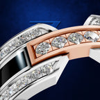 A close-up of a luxury watch featuring a silver-toned case with diamond pavé bezel, a rose gold curved inner band with round diamonds, and a black dial, set against a dark blue textured background.