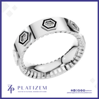 A silver-toned ring with geometric hexagonal details and small clear stones, shown on a white background with the brand name PLATIZEM at the bottom.