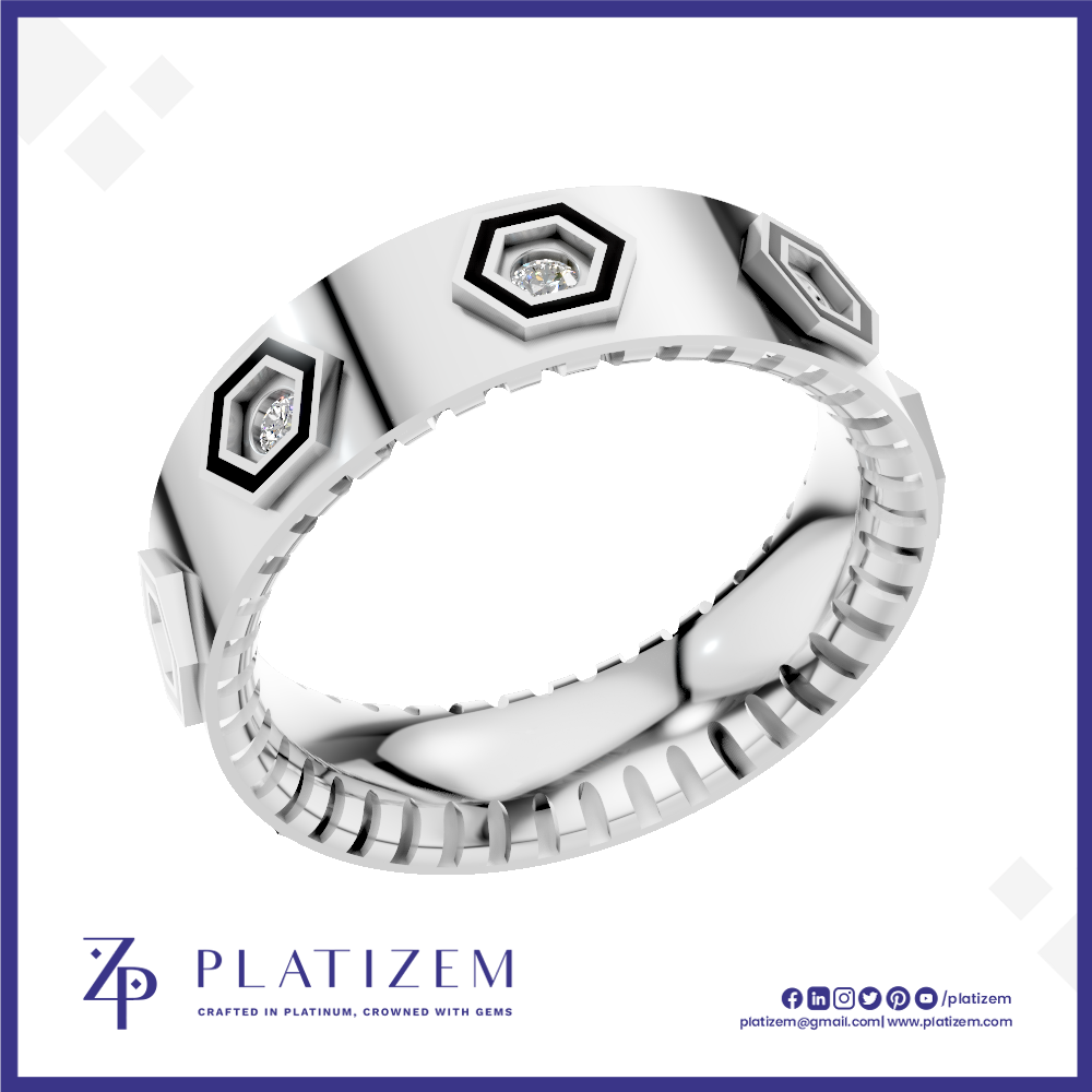 A silver-toned ring with geometric hexagonal details and small clear stones, shown on a white background with the brand name PLATIZEM at the bottom.