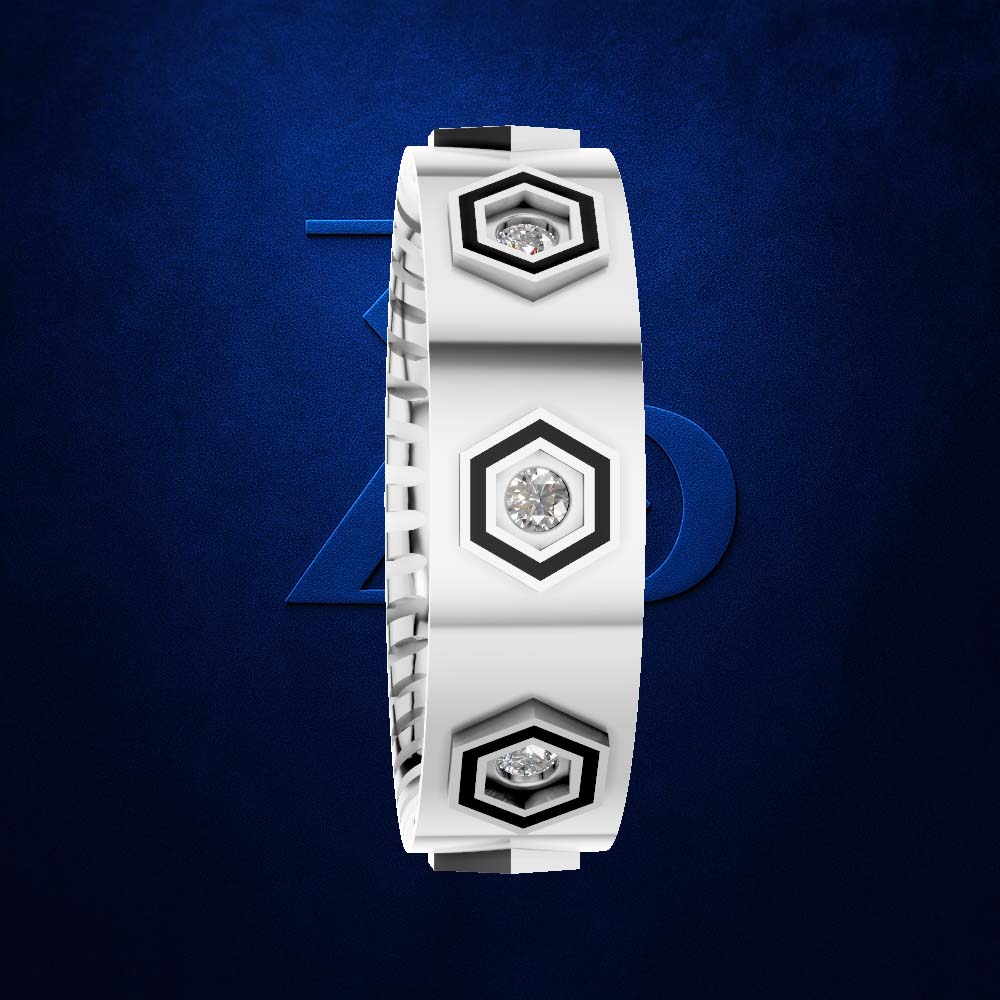 A white silicone bracelet with three hexagonal bezel settings containing clear round stones, set against a dark blue textured background with a subtle blue 'Z' logo.