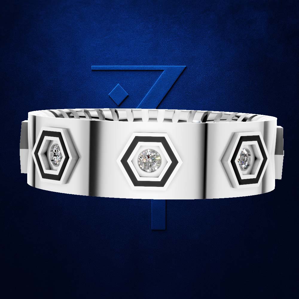 A white structured bracelet with three prominent hexagonal bezel settings, each holding a clear round gemstone, set against a textured dark blue background with a stylized blue number 7.