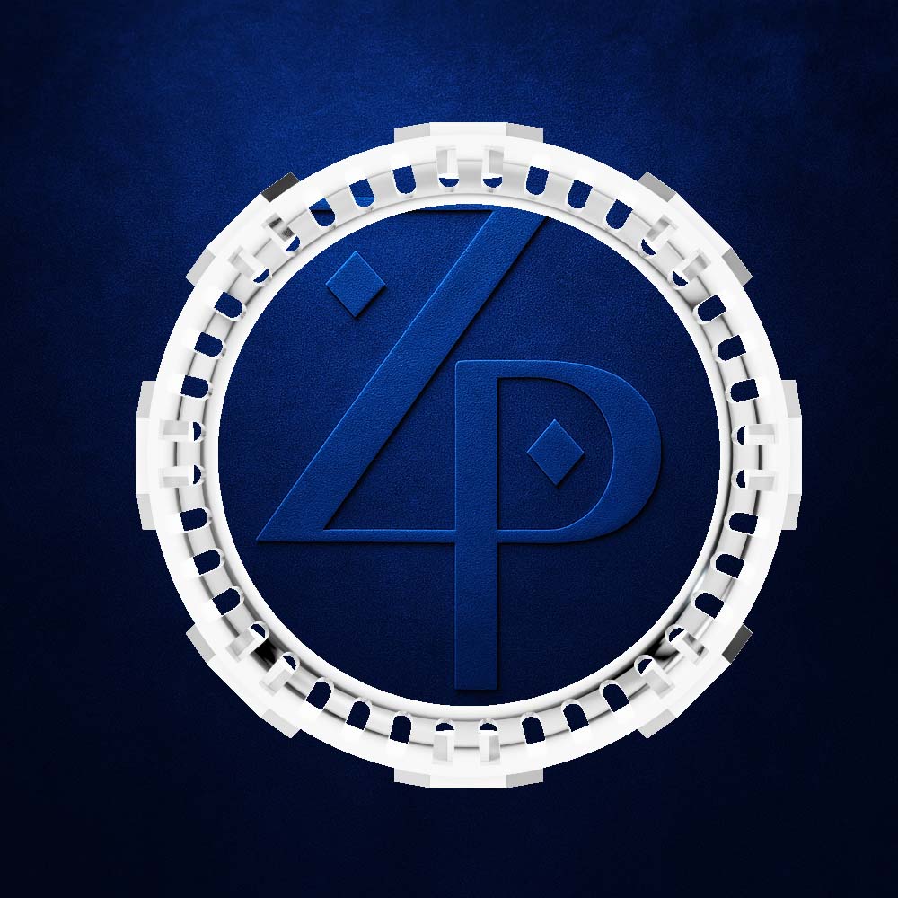 A circular white and silver ring-shaped product with a blue stylized '4P' logo in the center, shown on a textured dark blue background.