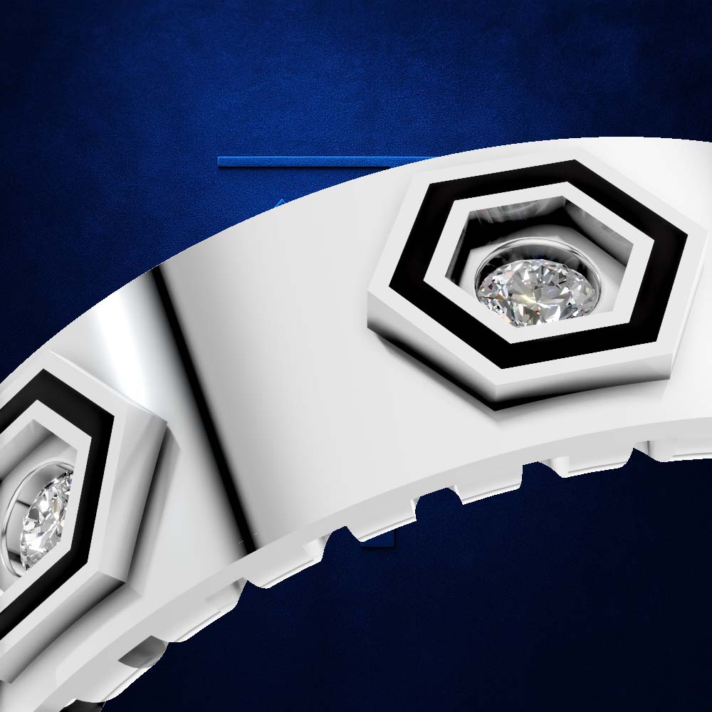 A close-up of a white curved object with hexagonal black recessed sections and clear gemstone-like centers, set against a dark blue textured background.
