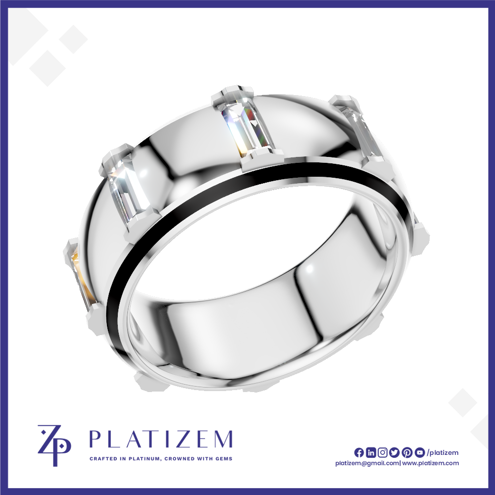 A polished silver-toned ring with a black inlay band and rectangular clear gemstones, shown on a white background with the Platizem brand logo at the bottom.