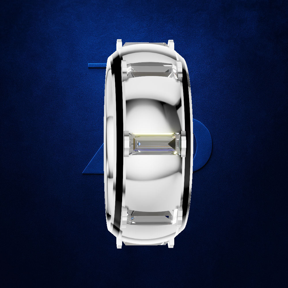 A top-down view of a white oval ring with a clear rectangular gemstone in the center, set against a textured dark blue background.
