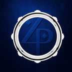 A circular metallic emblem with a stylized blue '4P' monogram on a textured dark blue background.