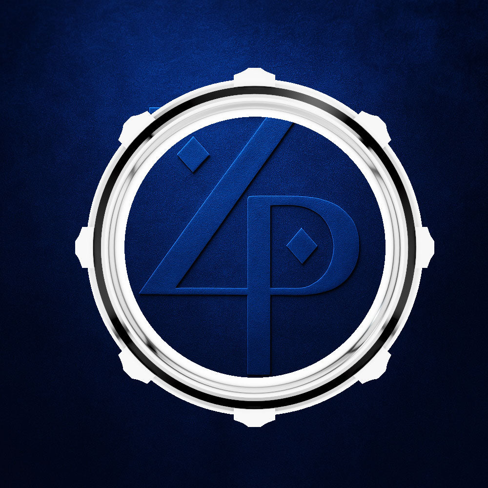 A circular metallic emblem with a stylized blue '4P' monogram on a textured dark blue background.