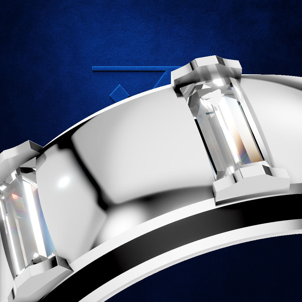 A close-up studio shot of a polished silver-toned ring with rectangular clear gemstones, set against a textured dark blue background.