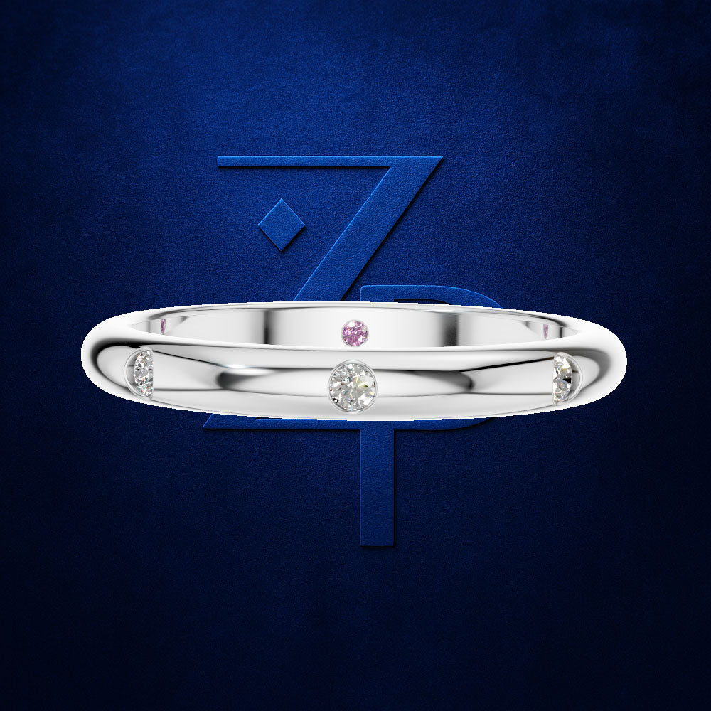 Flush Set Diamond Wedding Band Ring for Women with Pink Stone Accent