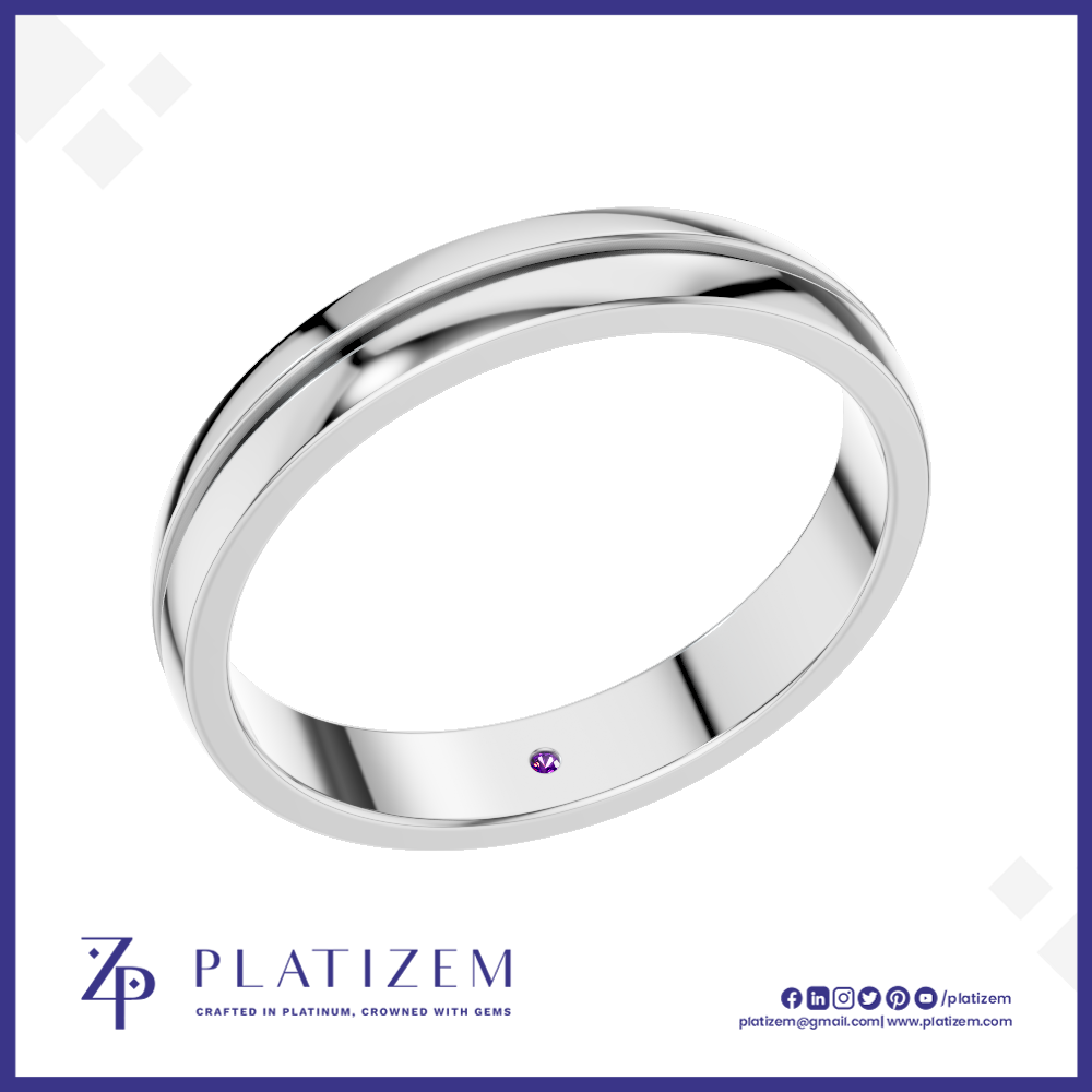Grooved Wedding Band Ring for Men with Hidden Gemstone Accent
