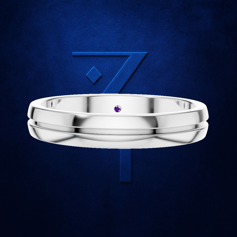 Grooved Wedding Band Ring for Men with Hidden Gemstone Accent