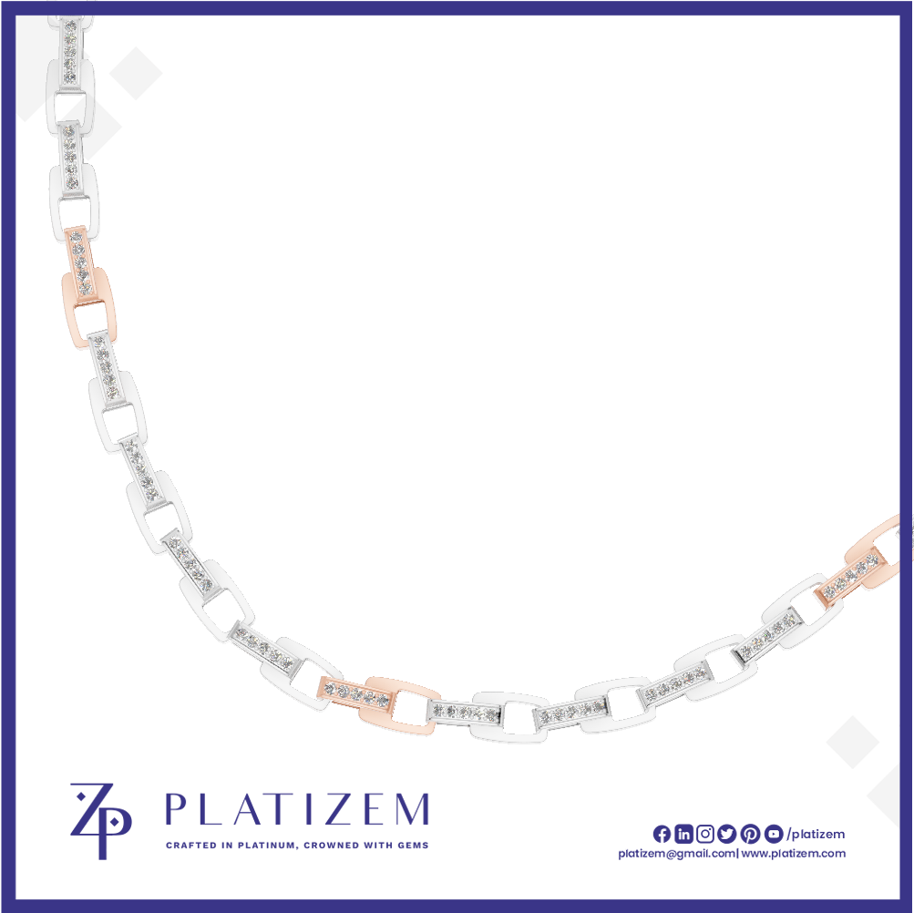 A platinum chain necklace with alternating white and rose gold oval links, each accented with small clear stones, displayed on a white background with the Platizem brand logo at the bottom.