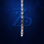 A close-up of a metallic link chain hanging vertically in front of a dark blue textured background, with a large stylized blue 'ZP' monogram behind it.