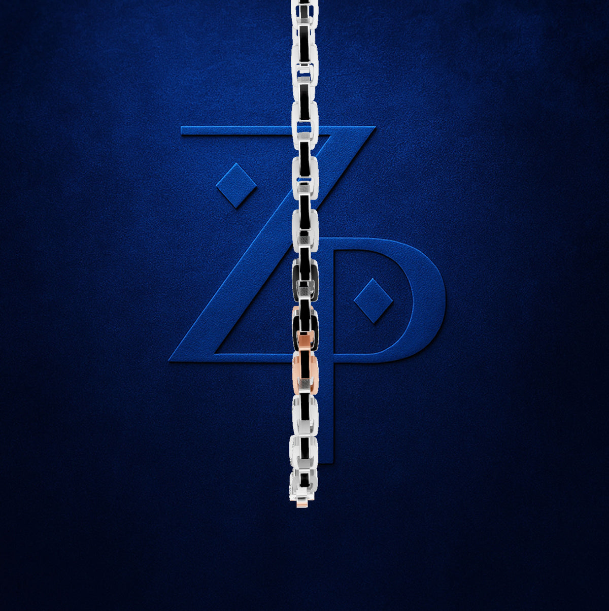 A close-up of a metallic link chain hanging vertically in front of a dark blue textured background, with a large stylized blue 'ZP' monogram behind it.